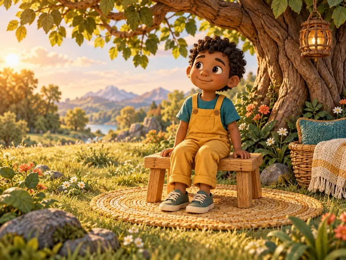 A smiling boy in yellow overalls sits on a little wooden bench under a big tree at sunset.